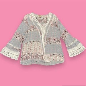 Democracy Boho Bell Sleeve V Neck Crochet Crossover Geometric Print Top Size XL